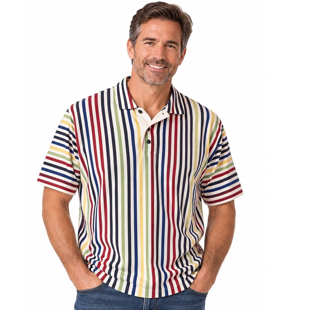 Cotton Traders Sport Mens XL Multicolor 90s Rugby Stripe Polo Shirt Retro Preppy